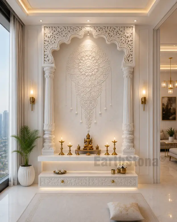 Luxury marble home temple with elegant pillars, decorative jaali work, premium god statues and handcrafted finishing by EarthStona